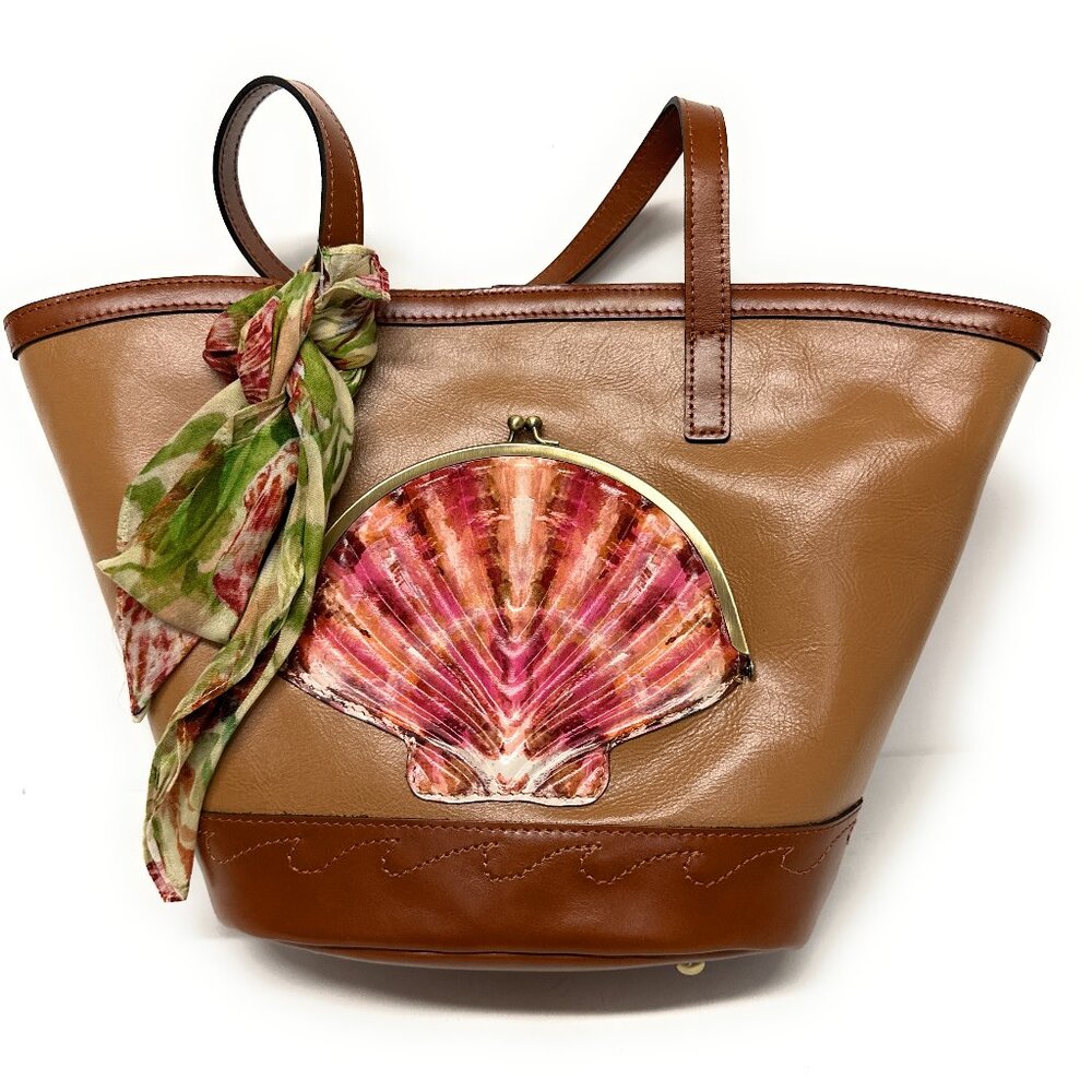 Exquisite Patricia Nash large tote purse with attached coin purse,Tan w/brn trim